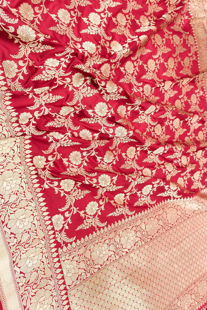 Exquisite Red Handloom Banarasi Pure Katan Silk Flower Design jaal Work Saree - Luxurion World