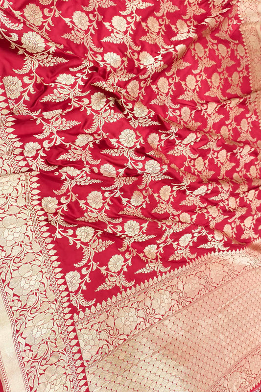 Exquisite Red Handloom Banarasi Pure Katan Silk Flower Design jaal Work Saree - Luxurion World