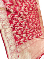 Exquisite Red Handloom Banarasi Pure Katan Silk Flower Design jaal Work Saree - Luxurion World