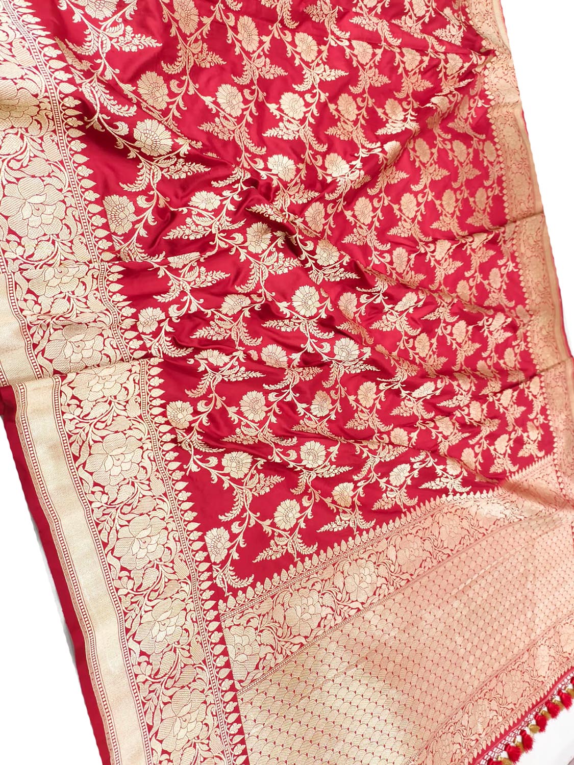 Exquisite Red Handloom Banarasi Pure Katan Silk Flower Design jaal Work Saree - Luxurion World