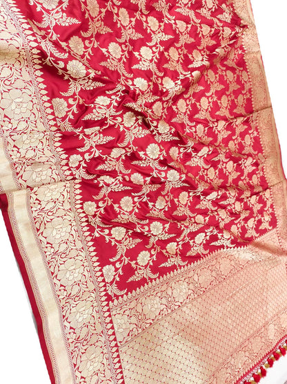 Exquisite Red Handloom Banarasi Pure Katan Silk Flower Design jaal Work Saree - Luxurion World