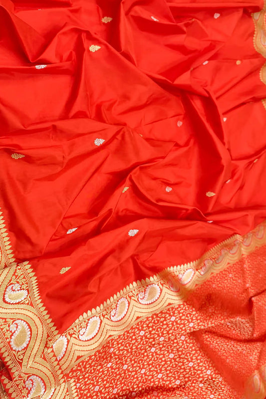 Exquisite Orange Handloom Banarasi Pure Katan Silk Sona Roopa Saree - Luxurion World
