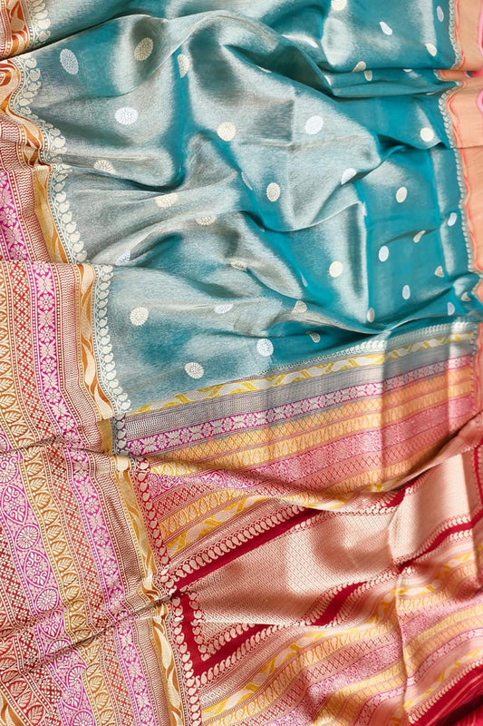 Exquisite Blue Handloom Banarasi Pure Tissue Silk Booti Design Saree - Luxurion World