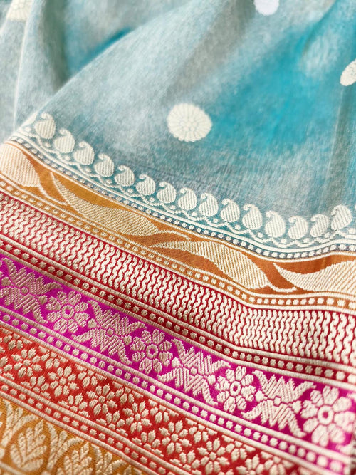 Exquisite Blue Handloom Banarasi Pure Tissue Silk Booti Design Saree - Luxurion World