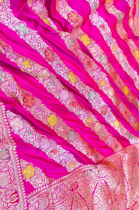 Pink Handloom Banarasi Pure Katan Silk Flower Design Meenakari Saree - Luxurion World