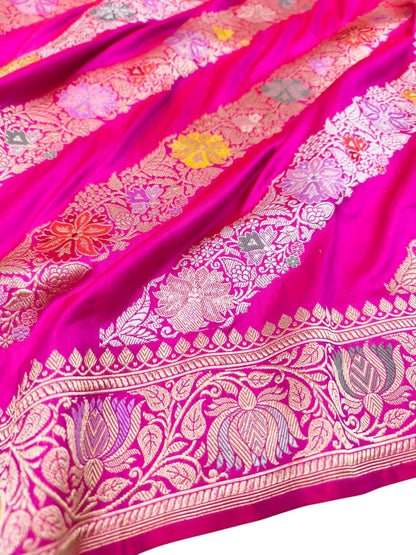 Pink Handloom Banarasi Pure Katan Silk Flower Design Meenakari Saree - Luxurion World
