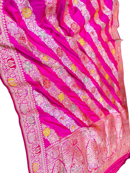 Pink Handloom Banarasi Pure Katan Silk Flower Design Meenakari Saree - Luxurion World