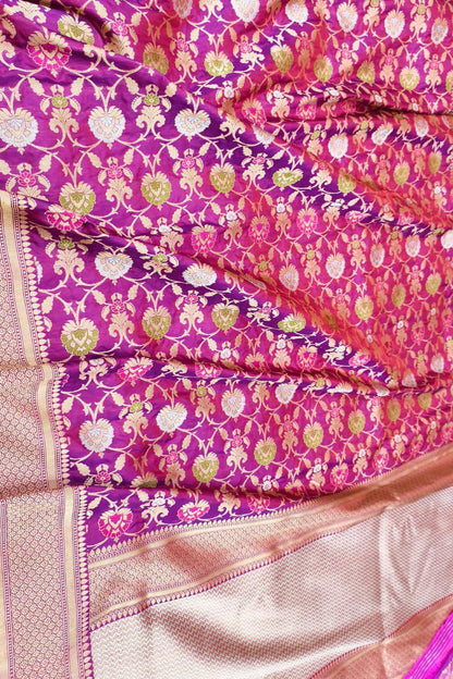 Purple Handloom Banarasi Pure Katan Silk Flower Design Meenakari Saree - Luxurion World