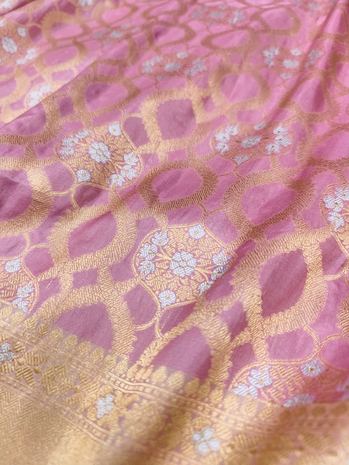 Exquisite Pink Handloom Banarasi Silk Sona Roopa Flower Design Saree - Luxurion World