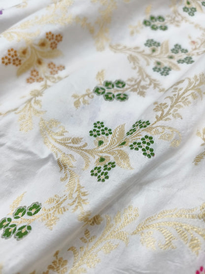 Off White Handloom Banarasi Pure Katan Silk Multicolor Meena Flower Design Saree - Luxurion World