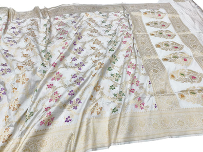 Off White Handloom Banarasi Pure Katan Silk Multicolor Meena Flower Design Saree - Luxurion World