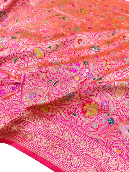 Pink Handloom Banarasi Pure Katan Silk Brocade Flower Design Meenakari Saree - Luxurion World