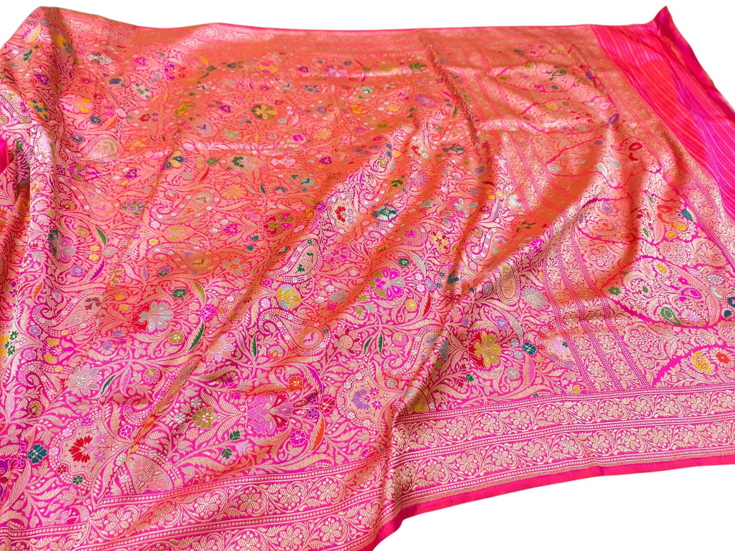Pink Handloom Banarasi Pure Katan Silk Brocade Flower Design Meenakari Saree - Luxurion World