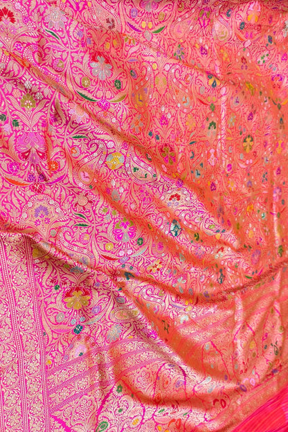 Pink Handloom Banarasi Pure Katan Silk Brocade Flower Design Meenakari Saree - Luxurion World