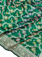 Exquisite Green Handloom Banarasi Pure Katan Silk Flower Design Meenakari Saree - Luxurion World