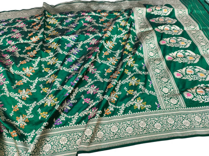 Exquisite Green Handloom Banarasi Pure Katan Silk Flower Design Meenakari Saree - Luxurion World