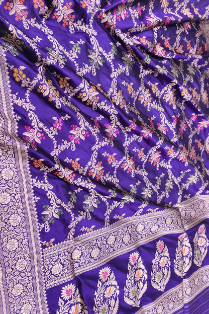 Elegant Purple Handloom Banarasi Silk Flower Design Meenakari Saree - Luxurion World