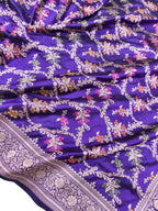 Elegant Purple Handloom Banarasi Silk Flower Design Meenakari Saree - Luxurion World