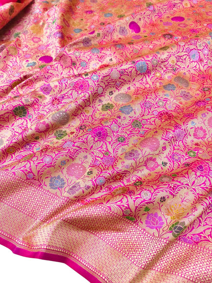 Exquisite Pink Handloom Banarasi Pure Katan Silk Brocade Flower Design Meenakari Saree - Luxurion World