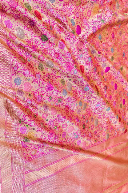 Exquisite Pink Handloom Banarasi Pure Katan Silk Brocade Flower Design Meenakari Saree - Luxurion World