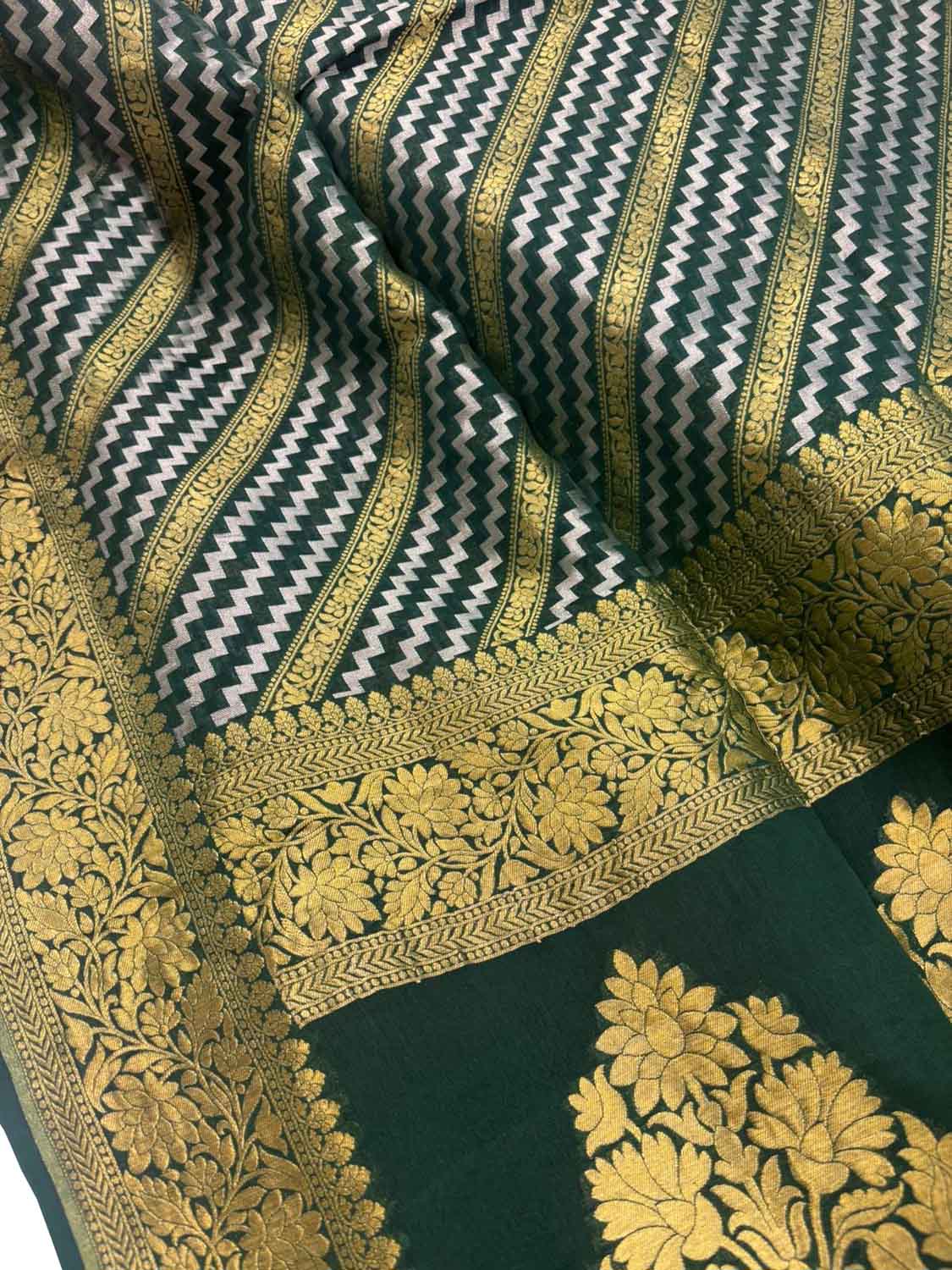 Green Pure Georgette Sona Roopa Banarasi Handloom Saree - Luxurion World