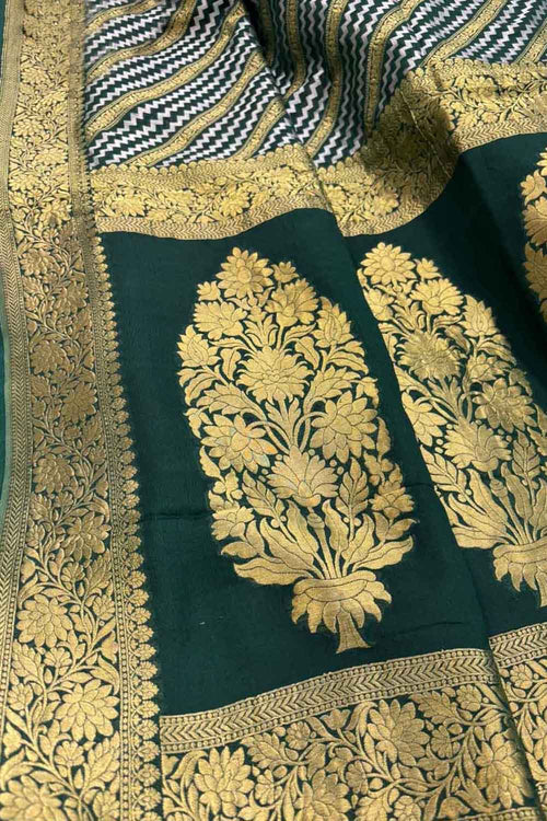 Green Pure Georgette Sona Roopa Banarasi Handloom Saree - Luxurion World