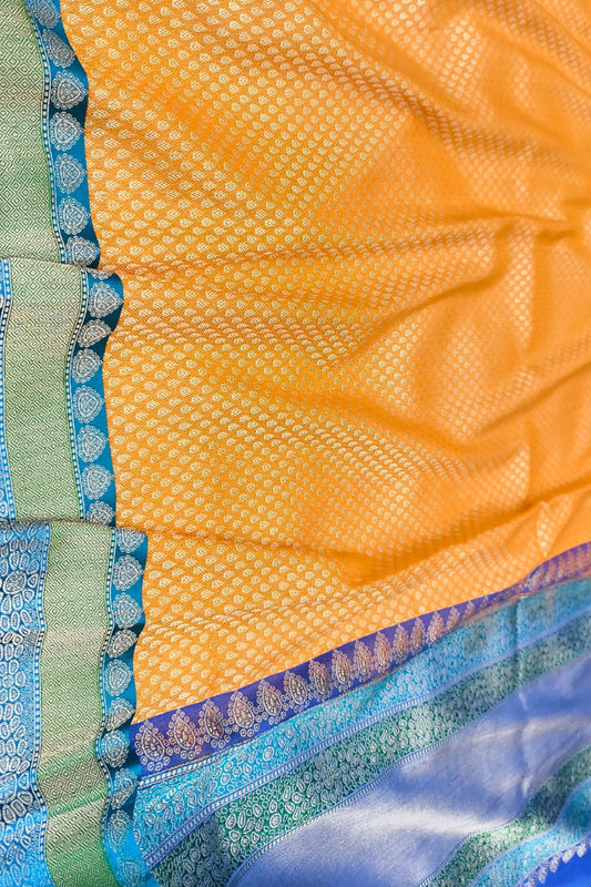 Yellow And Blue Handloom Banarasi Katan Silk Booti Design Saree - Luxurion World