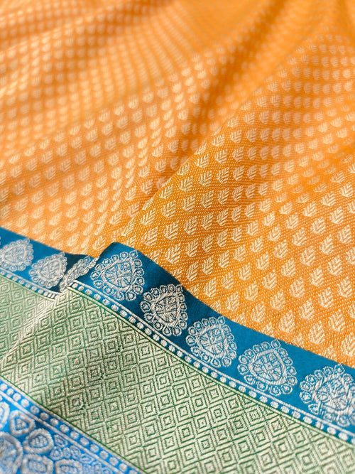 Yellow And Blue Handloom Banarasi Katan Silk Booti Design Saree - Luxurion World