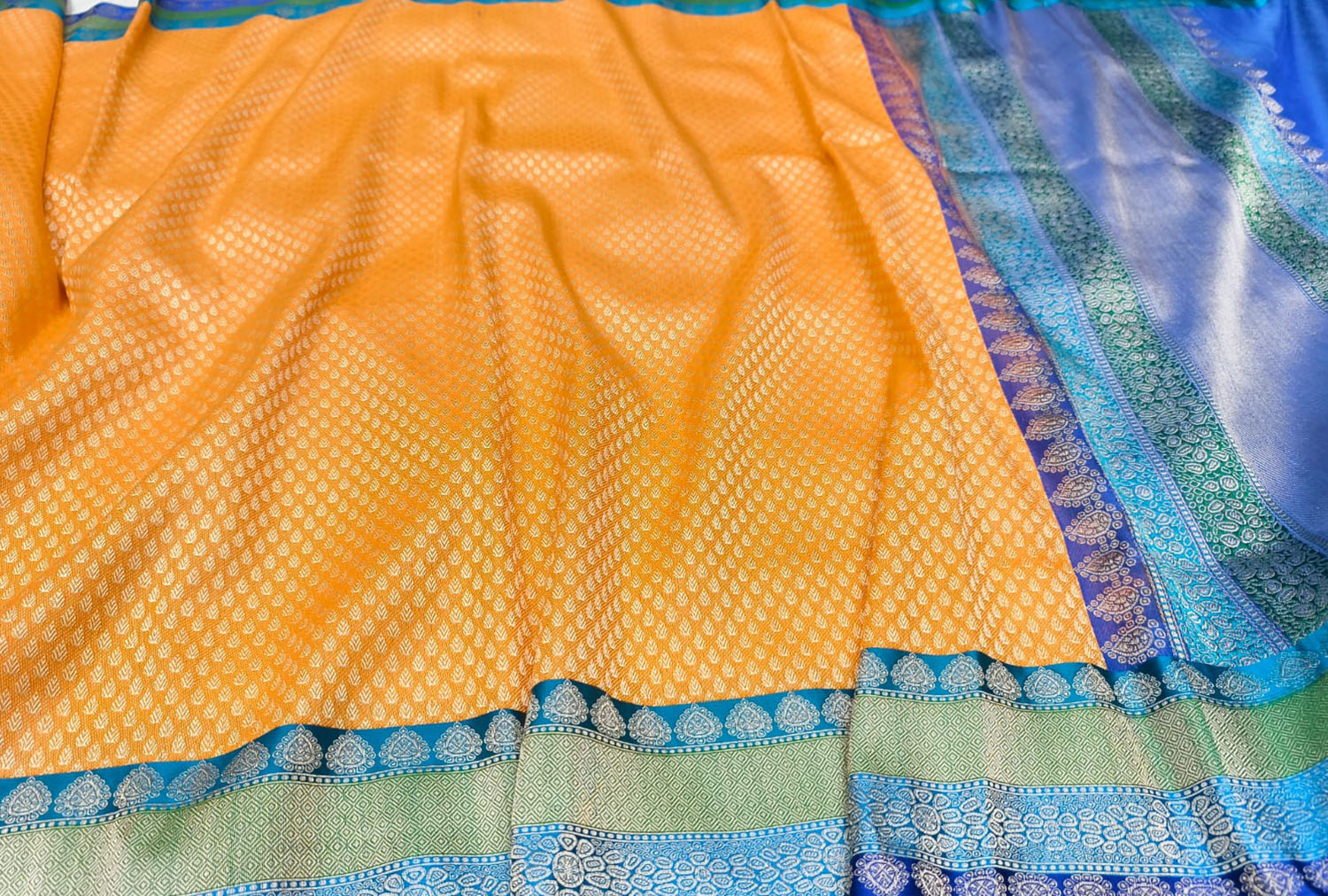 Yellow And Blue Handloom Banarasi Katan Silk Booti Design Saree - Luxurion World