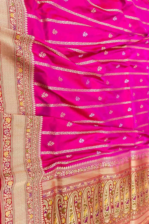 Beautiful Pink Handloom Banarasi Katan Silk Meenakari Flower Design Saree - Luxurion World