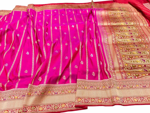 Beautiful Pink Handloom Banarasi Katan Silk Meenakari Flower Design Saree - Luxurion World