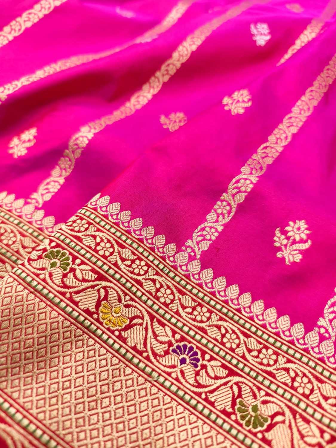 Beautiful Pink Handloom Banarasi Katan Silk Meenakari Flower Design Saree - Luxurion World