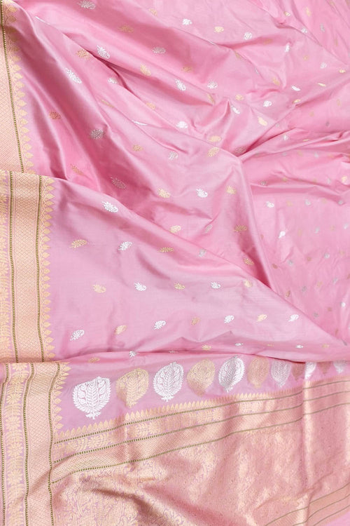 Beautiful Pink Handloom Banarasi Katan Silk Sona Roopa Flower Design Saree - Luxurion World