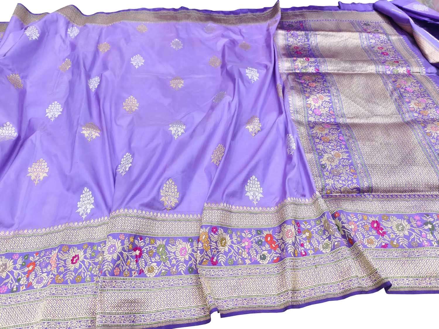 Elegant Purple Handloom Banarasi Katan Silk Meenakari Flower Design Saree - Luxurion World