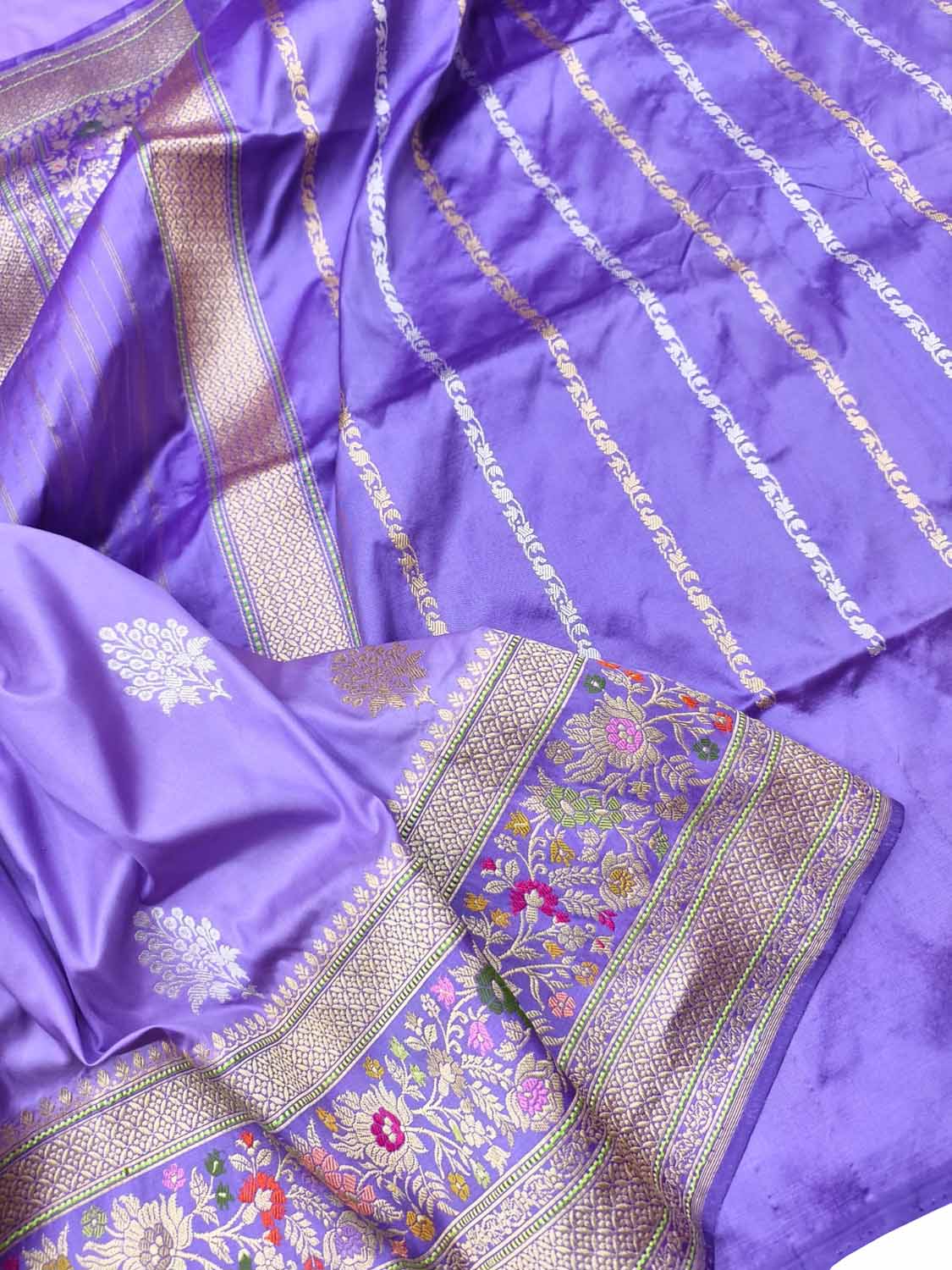 Elegant Purple Handloom Banarasi Katan Silk Meenakari Flower Design Saree - Luxurion World