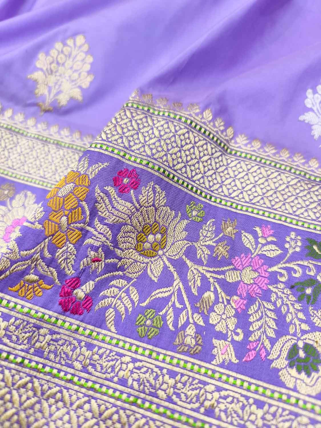 Elegant Purple Handloom Banarasi Katan Silk Meenakari Flower Design Saree - Luxurion World