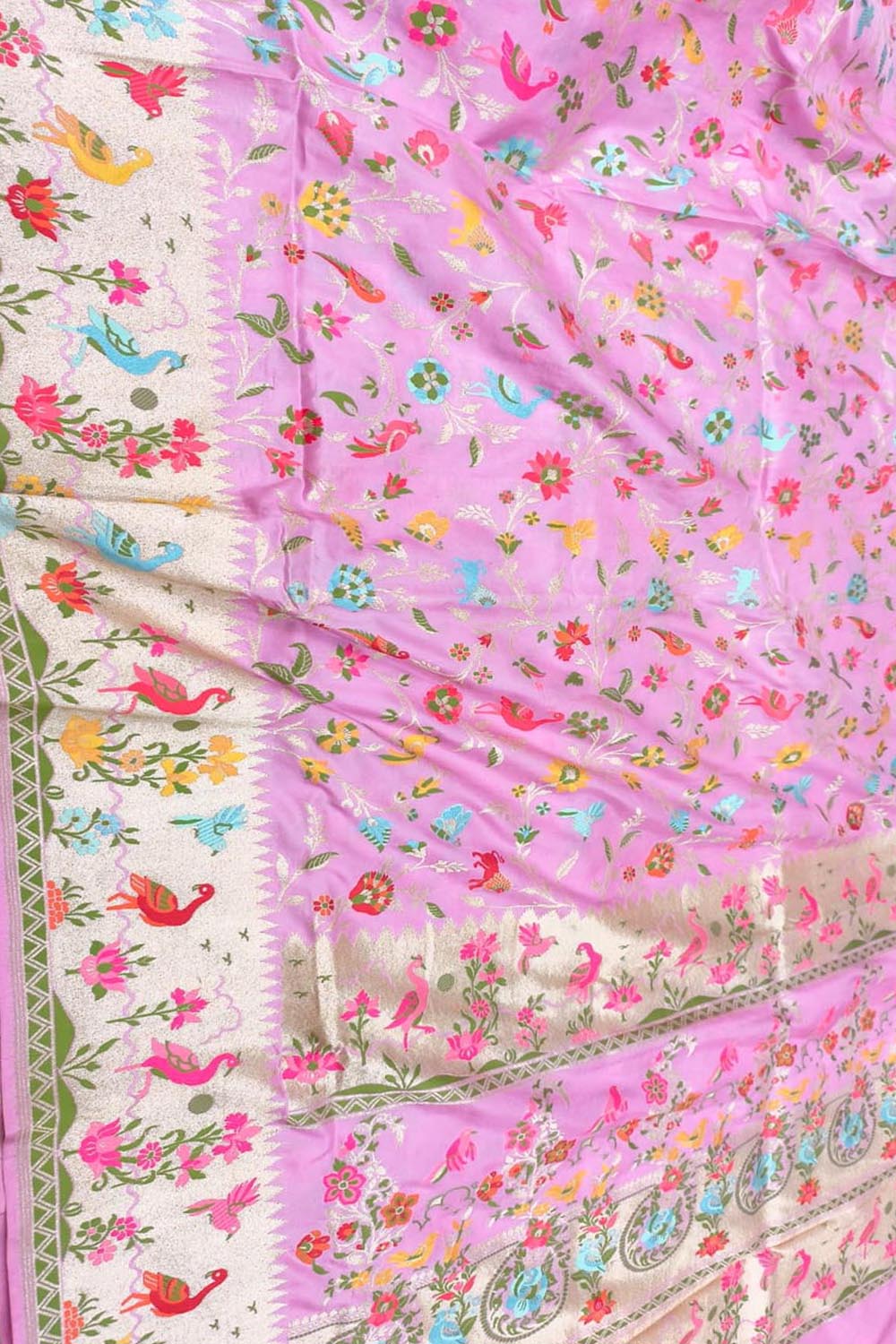 Pink Handloom Banarasi Pure Katan Silk Flower And Bird Design Meenakari Saree - Luxurion World