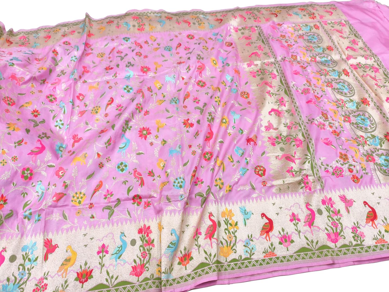 Pink Handloom Banarasi Pure Katan Silk Flower And Bird Design Meenakari Saree - Luxurion World