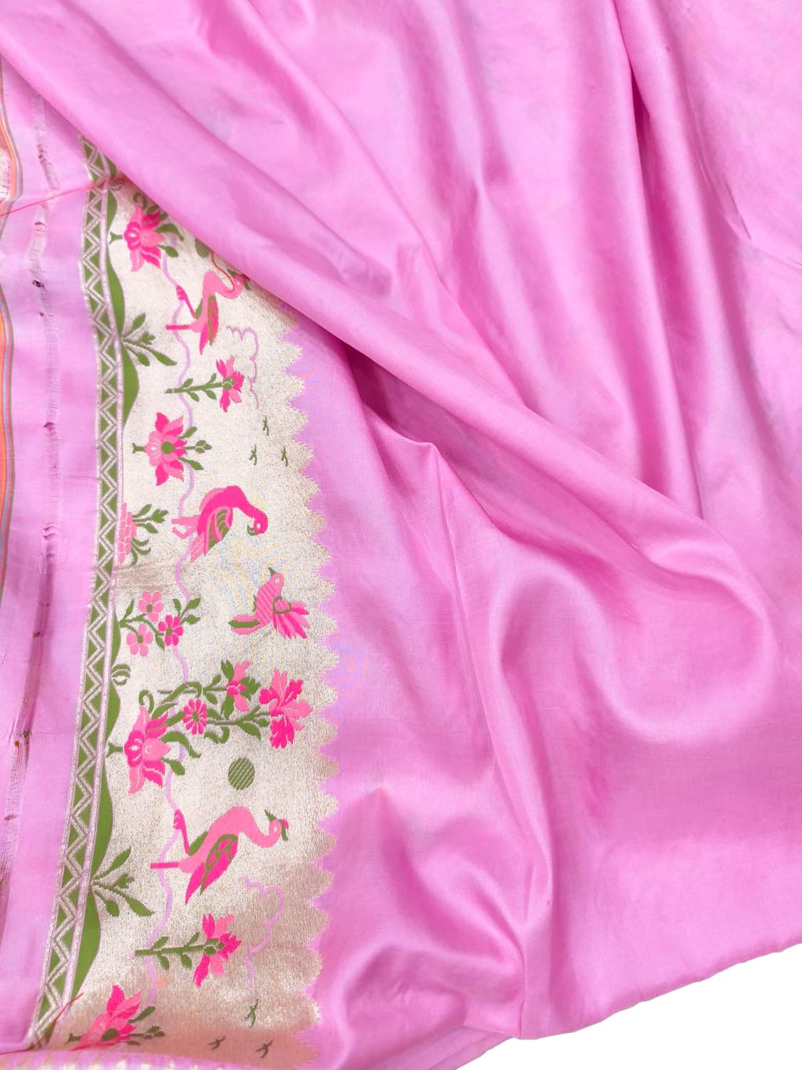 Pink Handloom Banarasi Pure Katan Silk Flower And Bird Design Meenakari Saree - Luxurion World