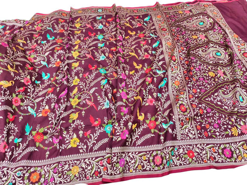 Maroon Handloom Banarasi Pure Katan Silk Flower And Bird Design Meenakari Saree - Luxurion World