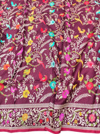 Maroon Handloom Banarasi Pure Katan Silk Flower And Bird Design Meenakari Saree - Luxurion World