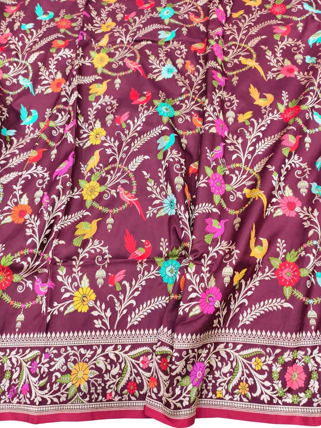 Maroon Handloom Banarasi Pure Katan Silk Flower And Bird Design Meenakari Saree - Luxurion World