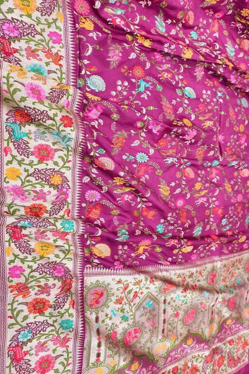 Pink Handloom Banarasi Pure Katan Silk Flower And Bird Design Meenakari Saree - Luxurion World