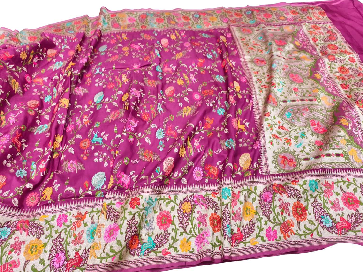 Pink Handloom Banarasi Pure Katan Silk Flower And Bird Design Meenakari Saree - Luxurion World