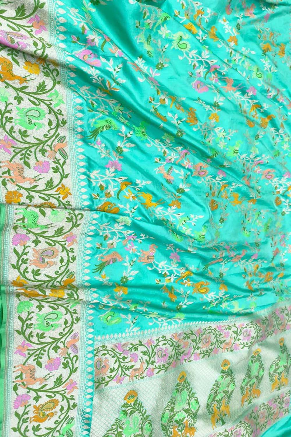 Blue Handloom Banarasi Pure Katan Silk Flower And Bird Design Meenakari Saree - Luxurion World