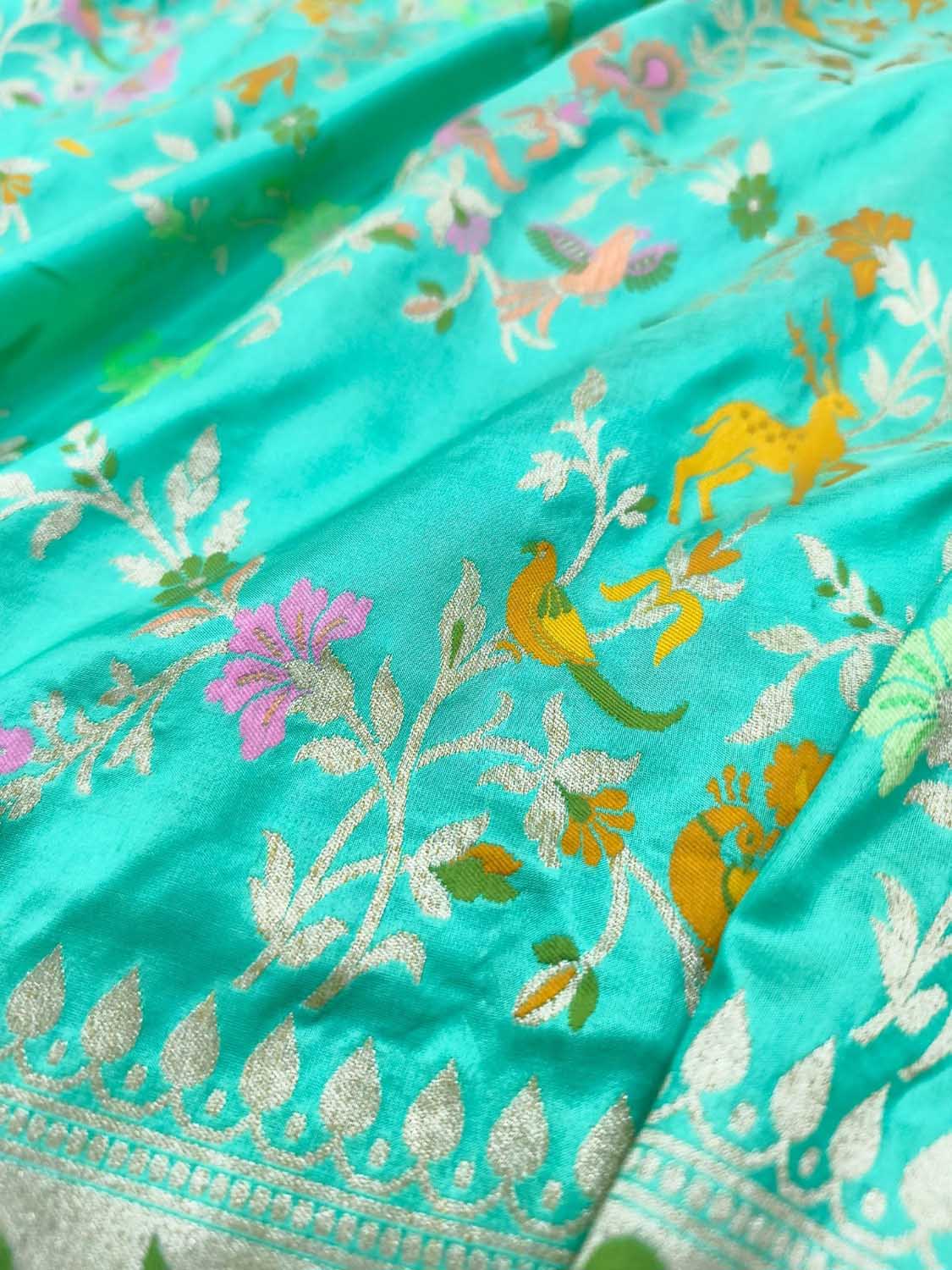 Blue Handloom Banarasi Pure Katan Silk Flower And Bird Design Meenakari Saree - Luxurion World