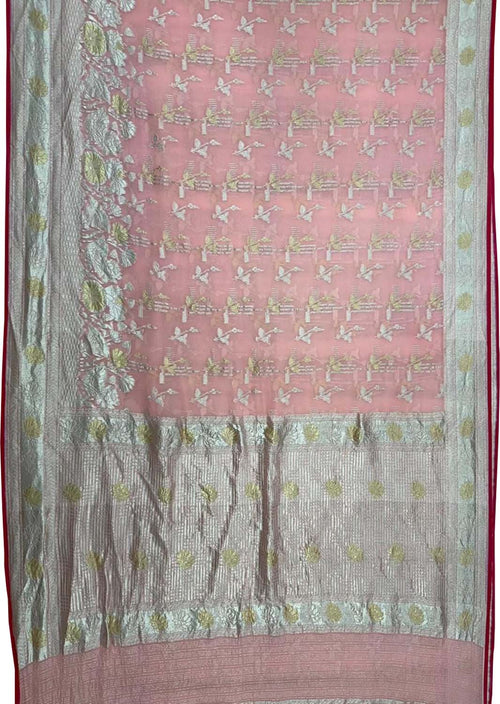 Pretty in Pink: Pure Georgette Banarasi Handloom Saree - Luxurion World