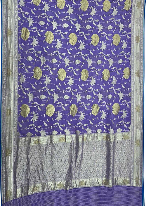 Elegant Purple Pure Georgette Banarasi Handloom Saree - Luxurion World