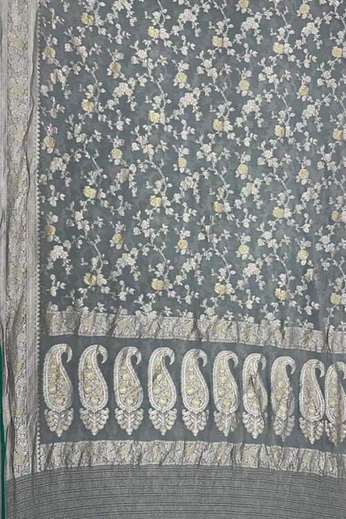 Elegant Grey Pure Georgette Banarasi Handloom Saree - Luxurion World