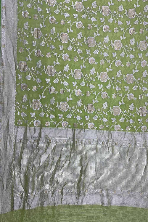 Green Pure Georgette Banarasi Handloom Saree - Luxurion World